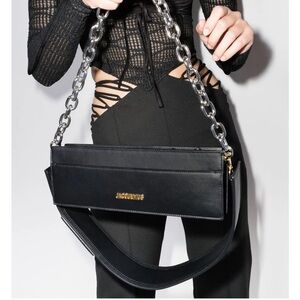 Jacquemus Black Leather Shoulder Bag with Silver Chain